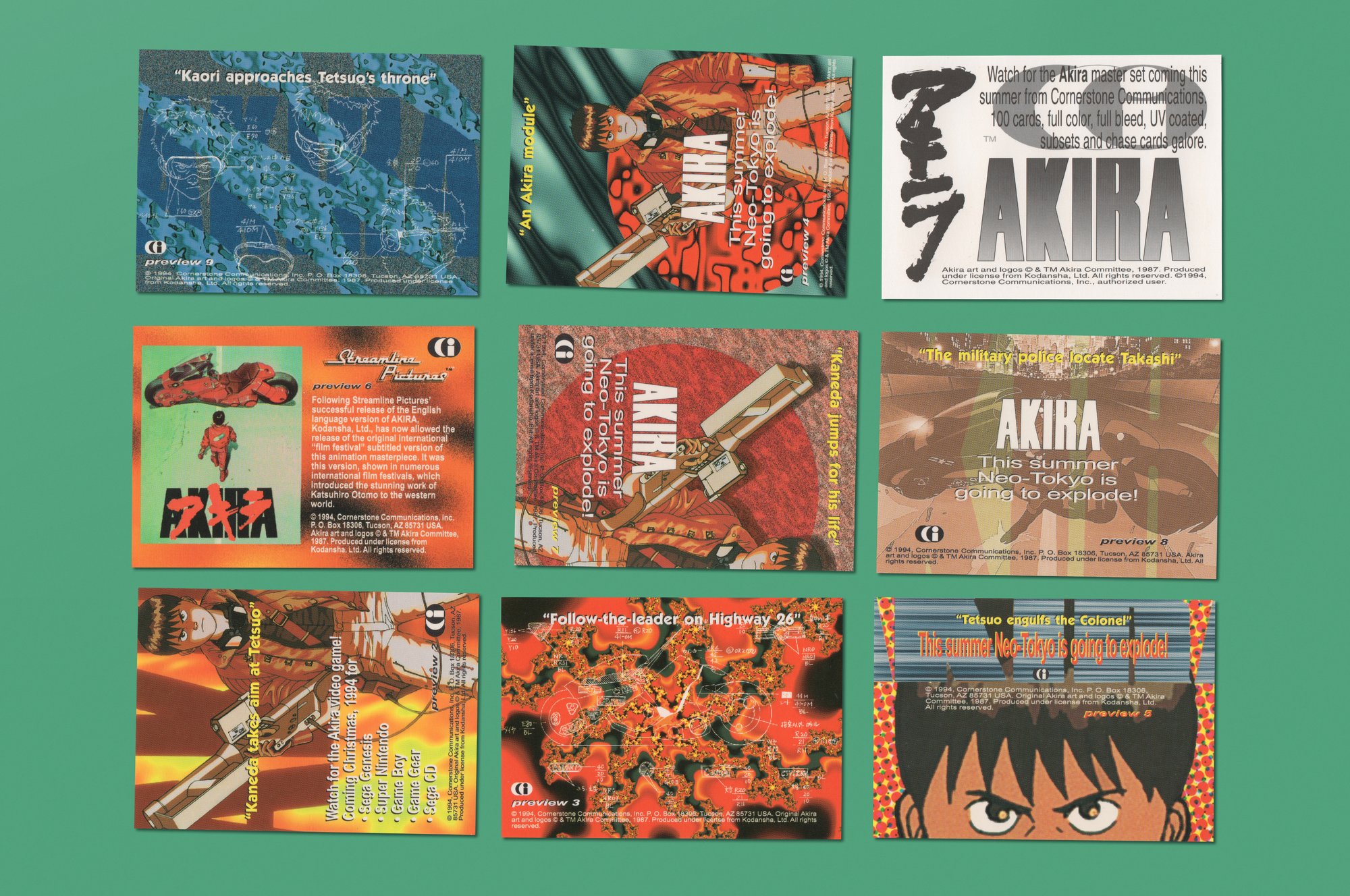 Nine Akira promotional cards on a green background, including a 1994 advertisement for games on five consoles.